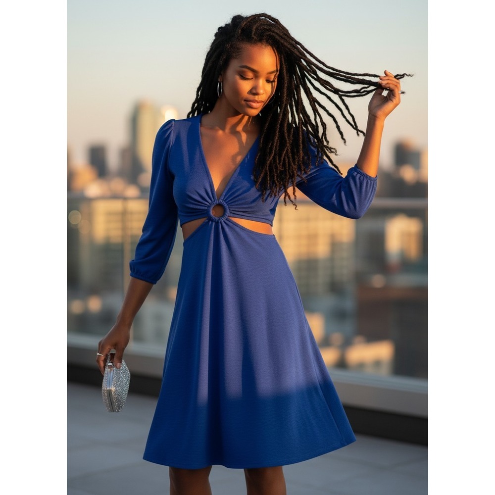 Monteau Los Angeles Royal‎ Blue Plisse Cutout O-Ring MIdi Dress Womens XS